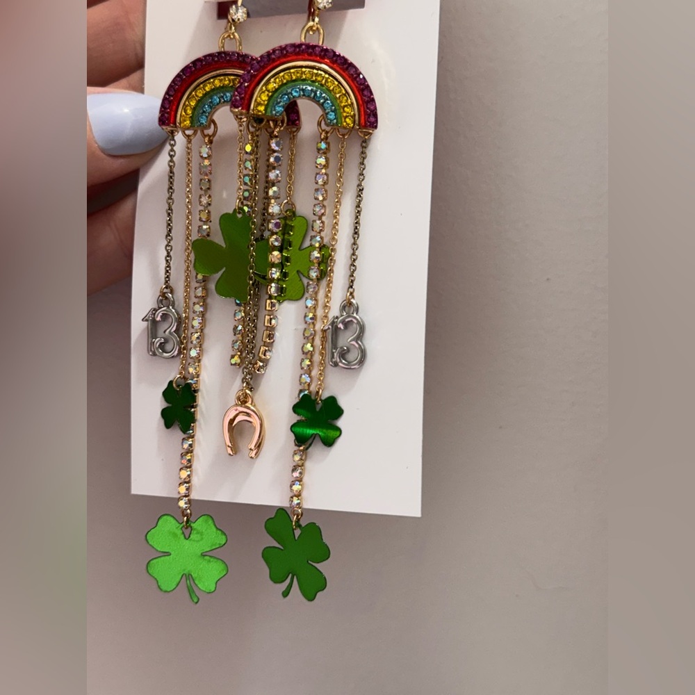 NWT Betsey Johnson Rainbow Lucky Charm Drop Earrings, St Patrick’s Day Glam - Picture 5 of 9